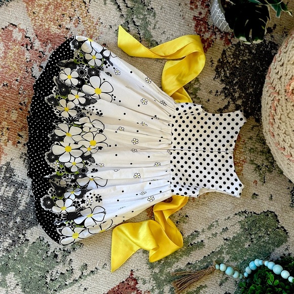 Y2K Bonnie Jean 4T Toddler Girl Cotton Polka Dot Floral Dress Black White Yellow - Picture 9 of 16